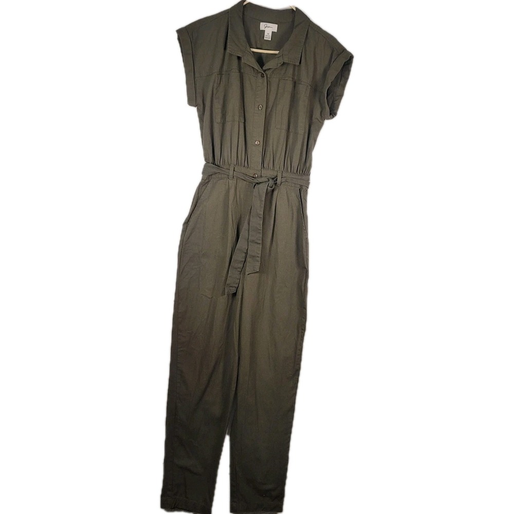 Japna Jumpsuit Womens Medium Olive Green Utility Belted Button Up Cotton Y2k